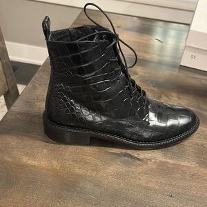 Black Crocodile Embossed Lace-Up Boots